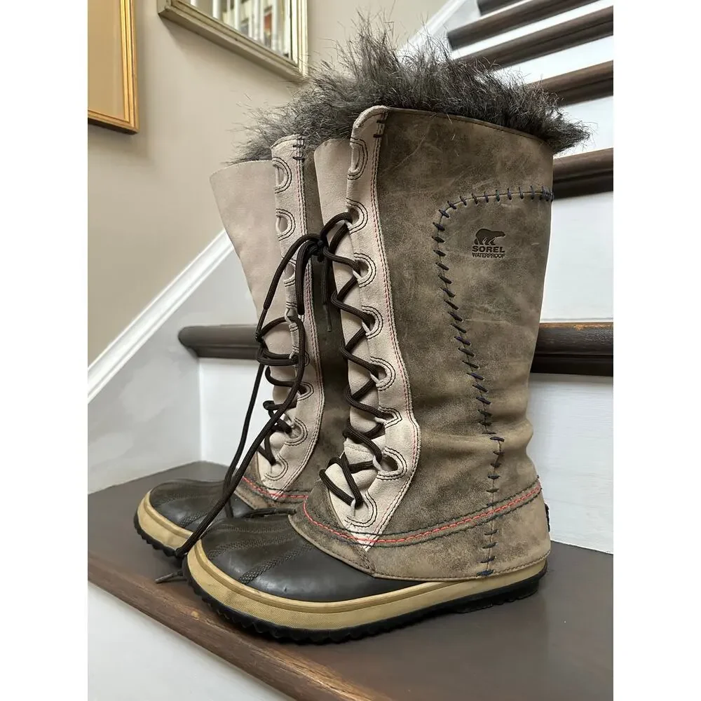 Sorel Cate The Great Tall Winter Boots Women's Size 7 Taupe leather faux fur